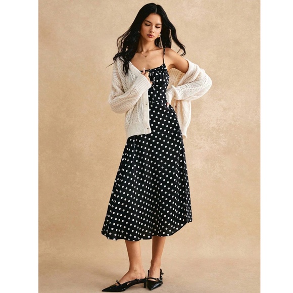 French Style Polka Dot Black Midi Dress Leg Slit - Picture 7 of 16